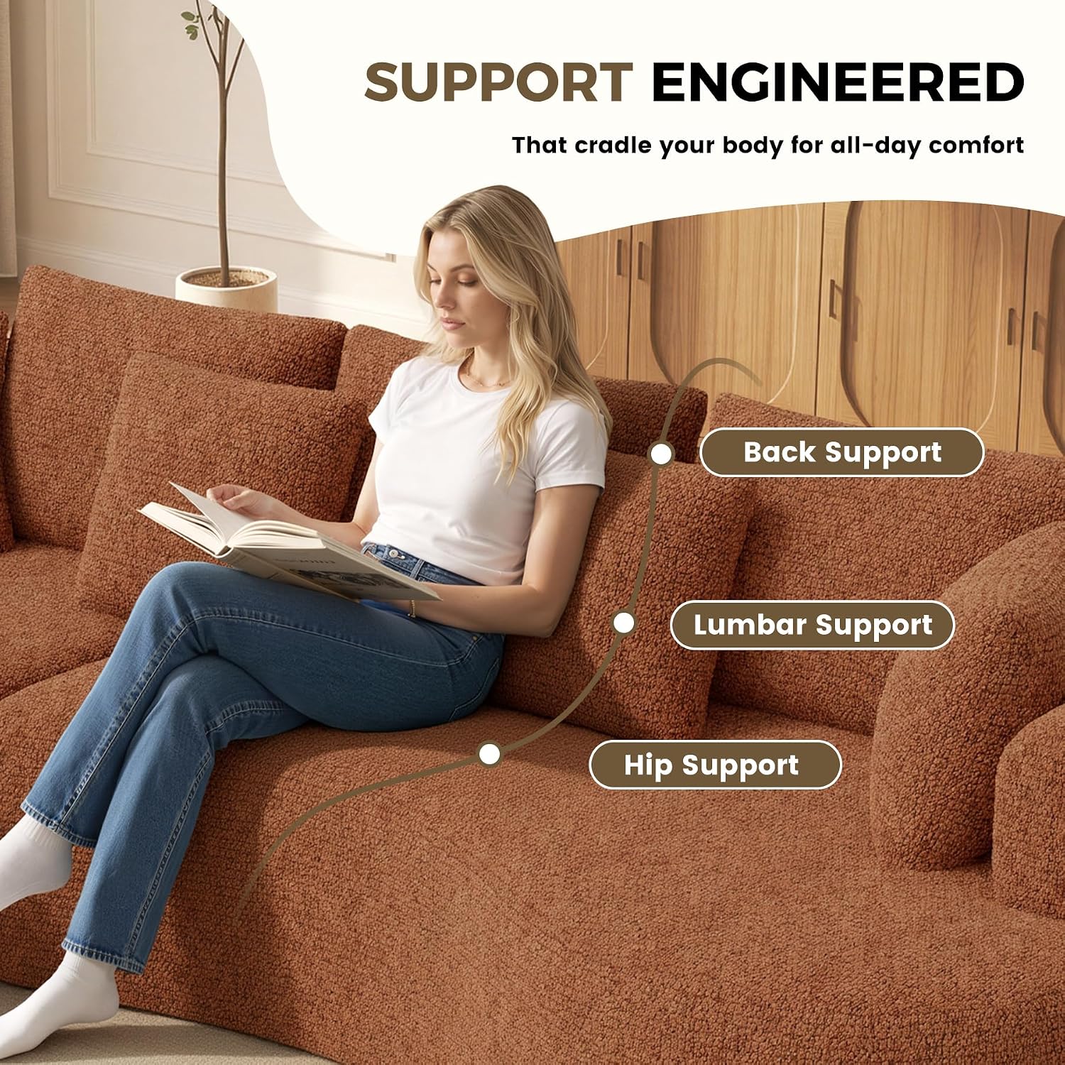 126" Oversized Curved Sectional Sofa for Living Room, Boneless Modern Couch with Chaise, Cloud Couch with 7 Pillows, No Assembly, Caramel 1PCS
