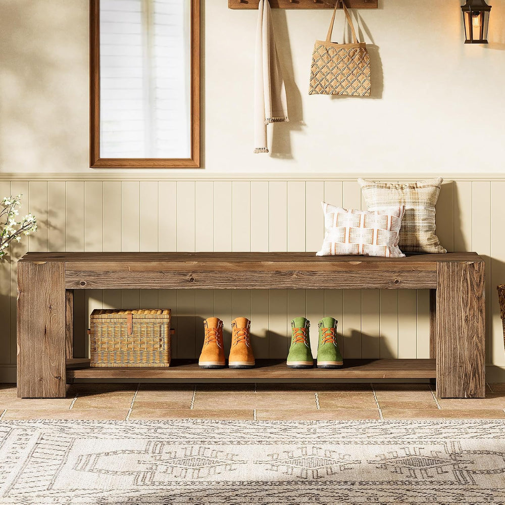 Solid Wood Entryway Bench with Storage Shelf, 55.12-Inch 2-Tier Wood Shoe Ben...