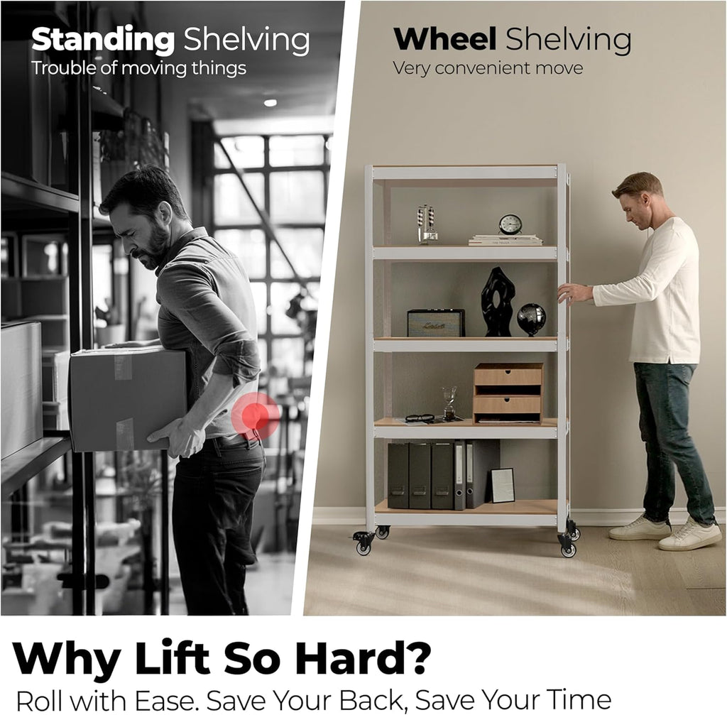 HOMEDANT House White 5-Tier Metal Boltless Rolling Cart Shelf Rack Casters Heavy Duty Wheel Shelving Unit Adjustable Storage Shelves Organizer Shelf Kitchen Garage 48.1" W x 18.5" D x 75.4" H 1Pack