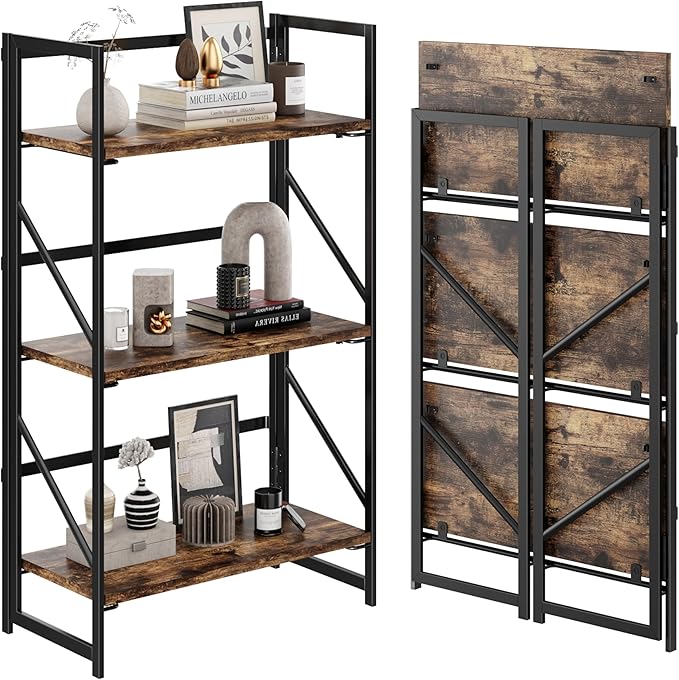 JSB No Assembly Folding Bookshelf, 3 Tier Industrial Metal Book Shelf for Sto...