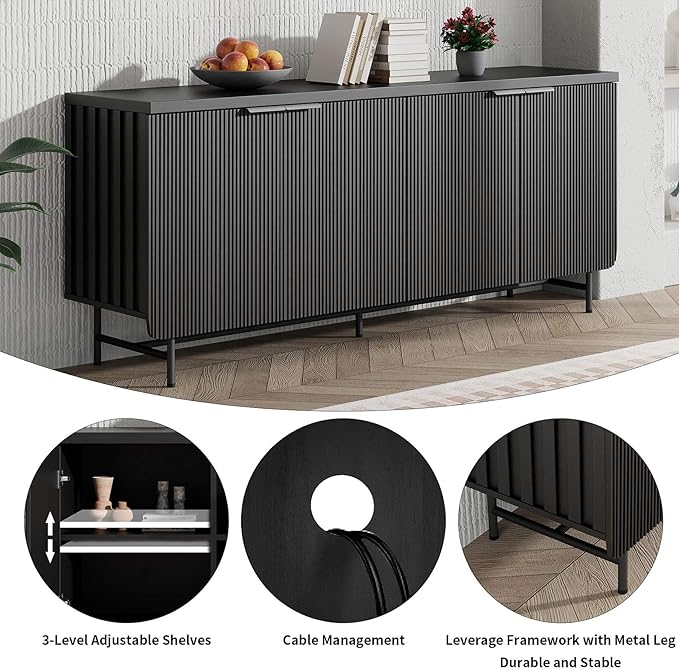 Black Fluted TV Stand with Led Light, 68" Entertainment Center with Storage, Television Stands for 55/60/65/70/75 inch TV, Mid Century TV Console, Media Console, Sideboard Cabinet for Living Room