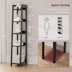 Narrow Ladder Shelf for Small Spaces - 5 Tier Thin Bookshelf Skinny Book Shelves Slim Bookshelves 60 inch Tall, Black (02B)