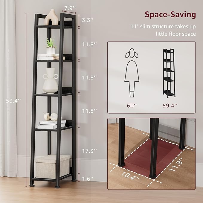 Narrow Ladder Shelf for Small Spaces - 5 Tier Thin Bookshelf Skinny Book Shelves Slim Bookshelves 60 inch Tall, Black (02B)
