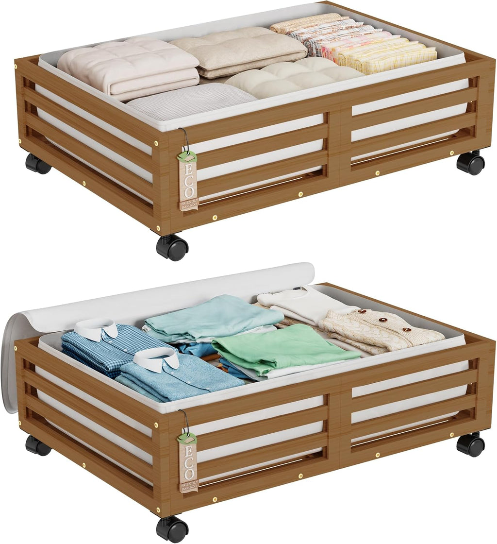 Wisuce Bamboo Under Bed Storage Containers- Underbed Organizer with Wheels with Large Dust Bag,Sturdy Wood Rolling Under the Bed Shoe Storage Organizer Drawer 2 Packs (Walnut, Small)