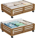 Wisuce Bamboo Under Bed Storage Containers- Underbed Organizer with Wheels with Large Dust Bag,Sturdy Wood Rolling Under the Bed Shoe Storage Organizer Drawer 2 Packs (Walnut, Small)