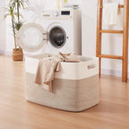 OIAHOMY 108L Extra Large Blanket Basket, 25”x16”x16” Laundry Basket, Blanket Storage for Living Room, Dog Toy Storage with Handle - Brown & White