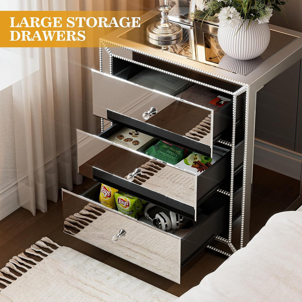IKIFLY Mirrored Nightstand with 3 Drawers, Silver End Table with Crystal Hand...