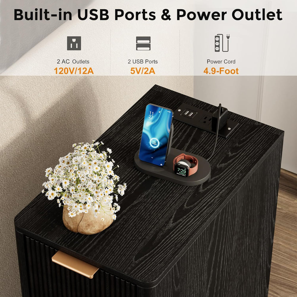 Homleke Narrow End Table with Fluted Drawer and Charging Station, Small Night...