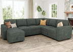 HONBAY Modular Sectional Sleeper Sofa with Pull Out Bed, Corduroy Couch with Storage Seats Ottoman, U Shaped Sectional Couches for Living Room, Green