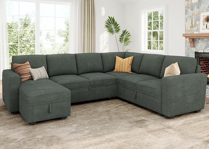 HONBAY Modular Sectional Sleeper Sofa with Pull Out Bed, Corduroy Couch with Storage Seats Ottoman, U Shaped Sectional Couches for Living Room, Green
