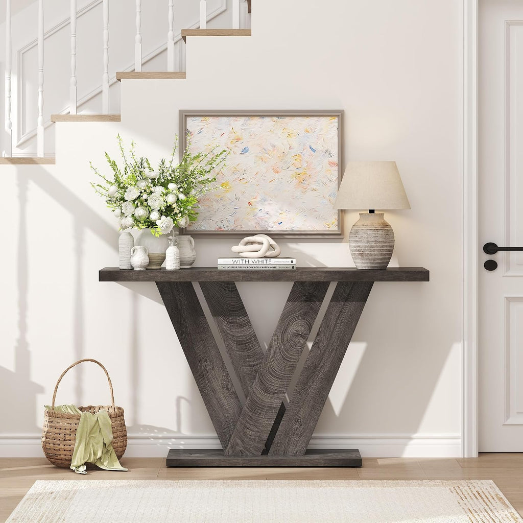 karlott 51" Console Table, V-Shaped Entryway Table, Wood Sofa Table Behind Couch, Grey