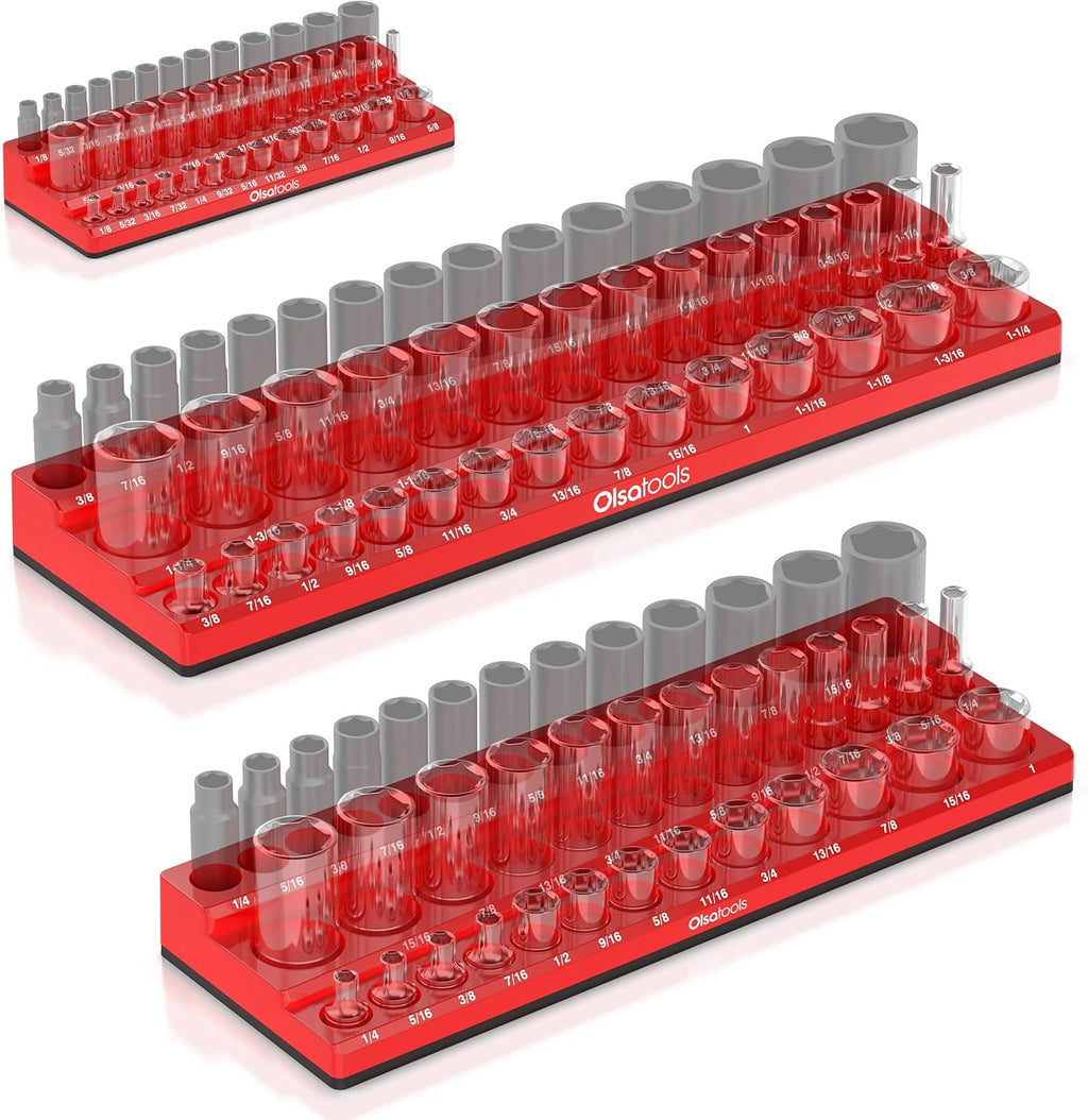 Olsa Tools Magnetic Socket Organizer | 3pc Socket Holder Kit | 1/2-Inch, 3/8-Inch, & 1/4-Inch Drive | Socket Organizers For Toolboxes | Red | Holds 123 | Professional-Grade Tool Organizer | Part 1560