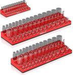 Olsa Tools Magnetic Socket Organizer | 3pc Socket Holder Kit | 1/2-Inch, 3/8-Inch, & 1/4-Inch Drive | Socket Organizers For Toolboxes | Red | Holds 123 | Professional-Grade Tool Organizer | Part 1560