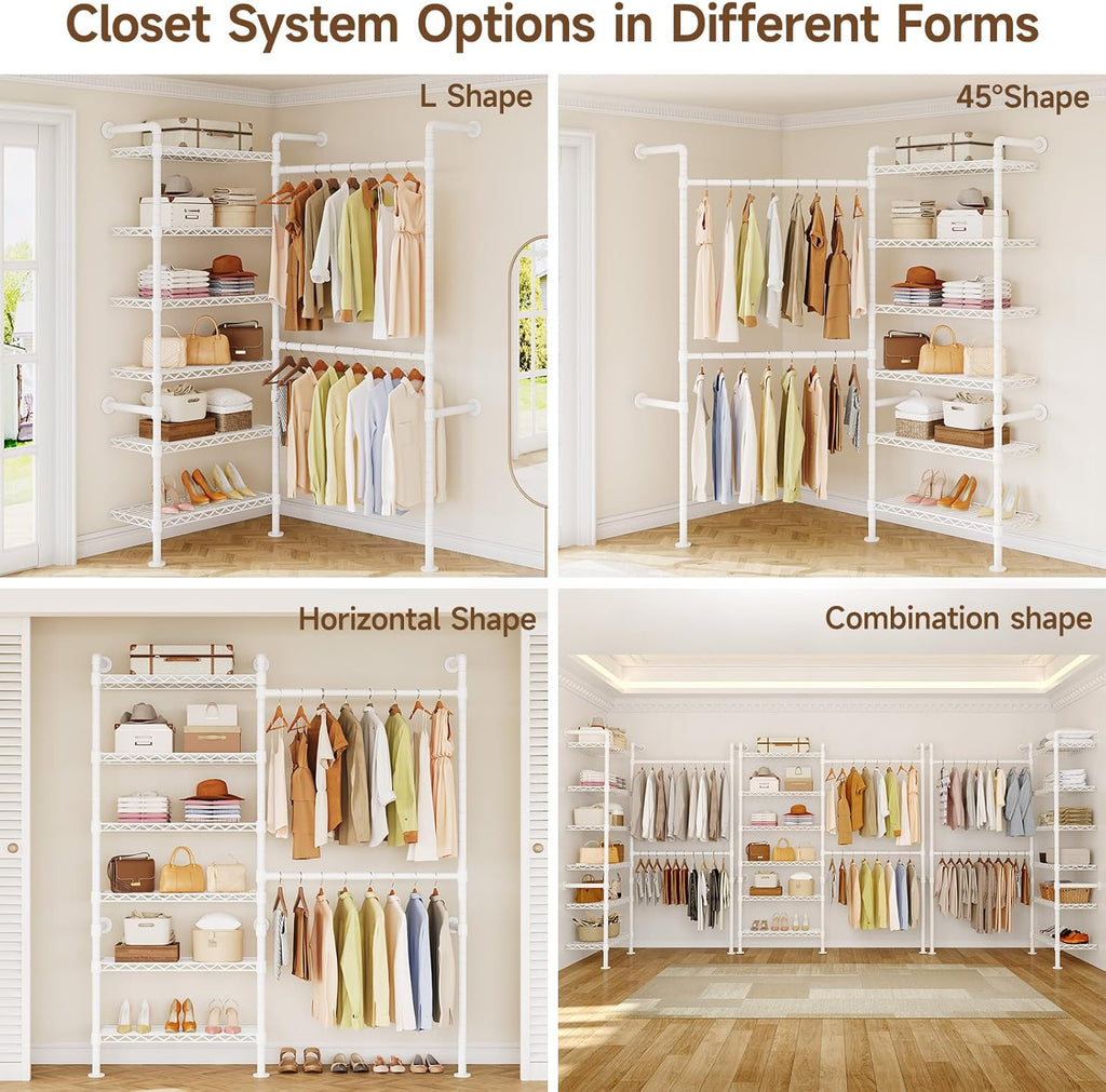 L2 Wall Mounted Closet System, Industrial Pipe Clothing Rack Clothes Racks with 2 Telescopic Rod & 6 Shelves, Heavy Duty Closet Organizers System in Wardrobe Closet, White