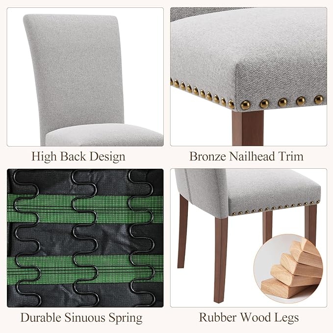Stylish Dining Chairs Set of 4, Upholstered Parsons Dining Room Chair with Nailhead Trim, Kitchen Room Chair with Thick Cushions and Wood Legs, Nailhead Trim, Light Grey