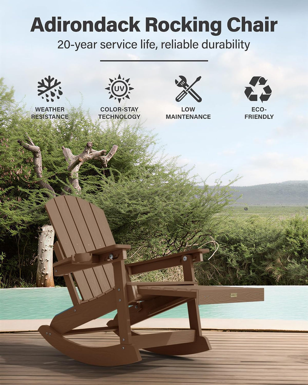 YEFU Adirondack Rocking Chairs, Adirondack Chair with Footrest, Teak | 5- Lev...