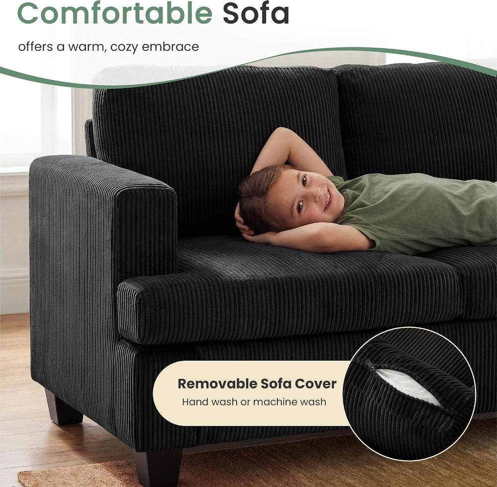 2 Pieces Corduroy Couch Set for Living Room, Black Cloud Sofa, Deep Seat Floo...