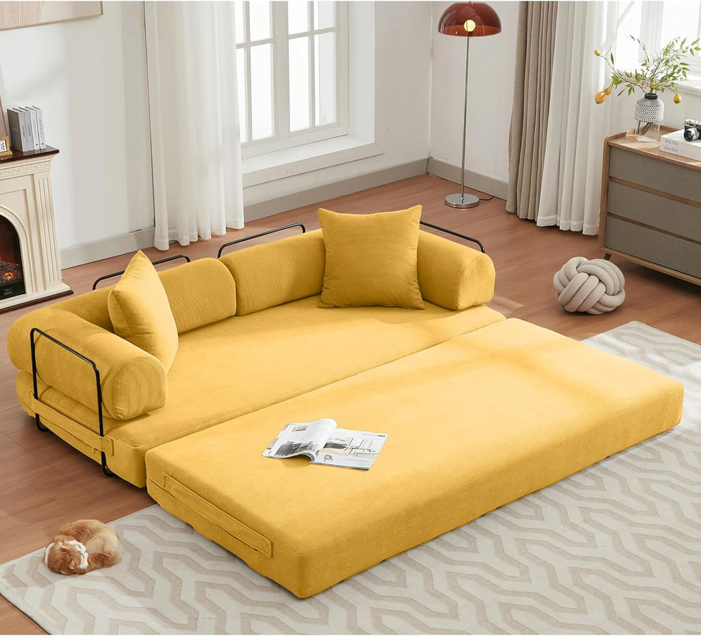 ZEIINPA Convertible Floor Sofa Bed with Fixed-Shape Frame, Modular Corduroy Folding Mattress Couch with Armrest, Floor Sofa Lounge Couch for Living Room Bedroom Lounge Studio -Yellow