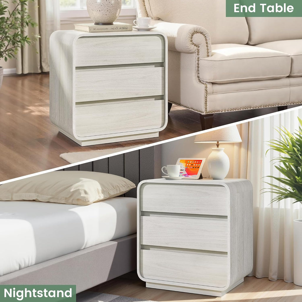 White Nightstand with Charging Station, 25" Tall Wood Bedside Table, Modern Dresser End Table with 3 Storage Drawers, Curved Profile, Mid Century Night Stand for Bedroom Dorm Sofa Office