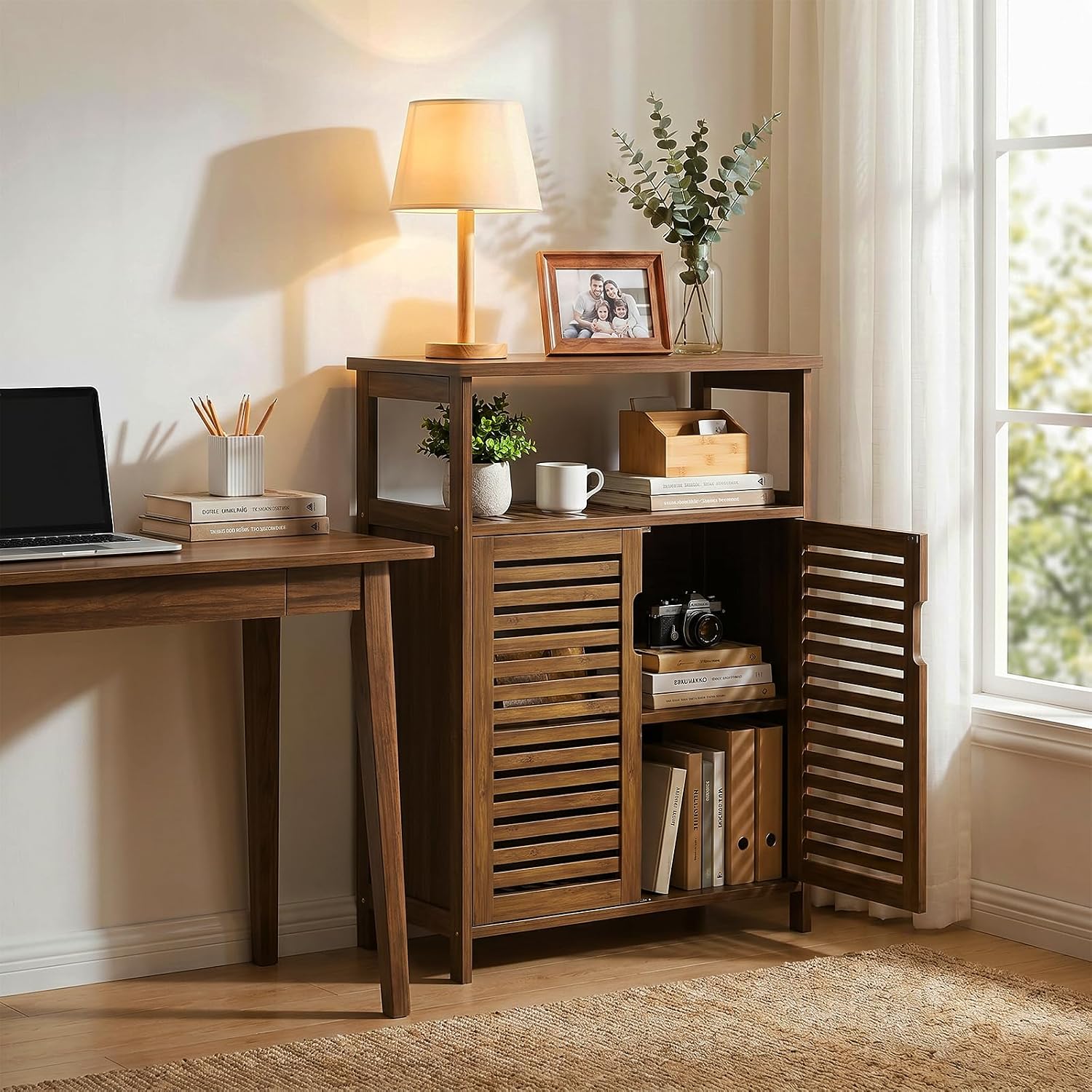 Bamboo Freestanding Bathroom Floor Storage Cabinet with Doors & Shelf | Versatile Cabinet for Living Room Entryway Hallway, Spacious Storage, FSC-certified Bamboo, Easy Assembly, Walnut