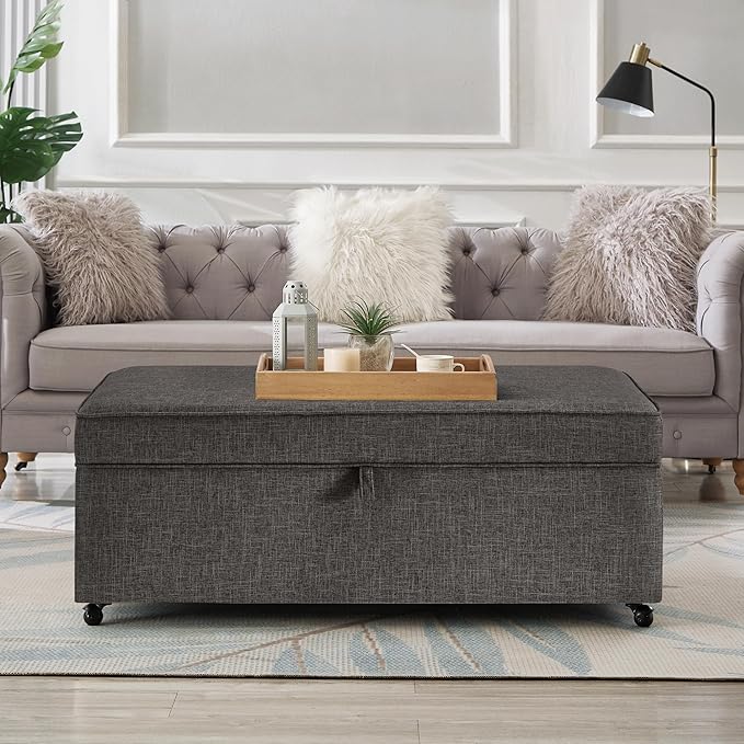 Ball & Cast 45" Sofa Ottoman with Storage, Linen Upholstered Bench with Rotation Casters and Safety Hinge for Living Room, Multi-Function Coffee Table,Charcoal Grey