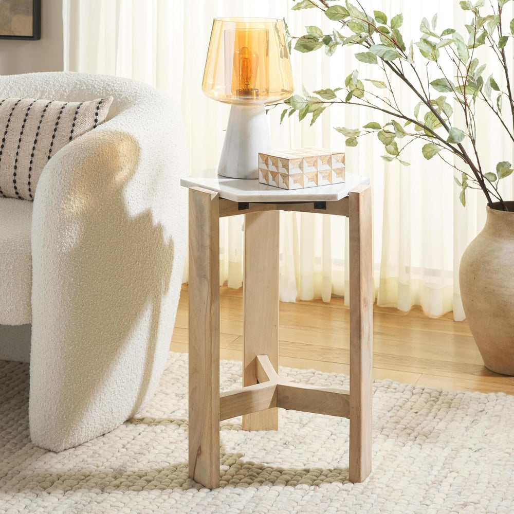 SAFAVIEH Home Collection - Pisa Side Table, White Marble Hexagon Top with Nat...