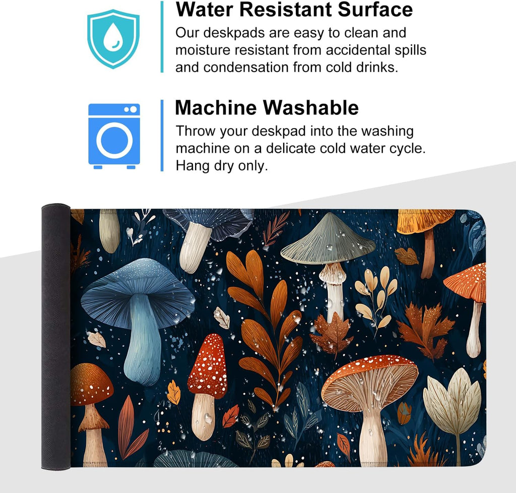 Mushroom Forest Mouse Pad – Large Extended Desk Mat 35.43 x 15.75 in – Autumn Woodland Fungi Illustration, Waterproof Surface, Non-Slip Rubber Base, Keyboard & Mouse Pad for Nature Lovers