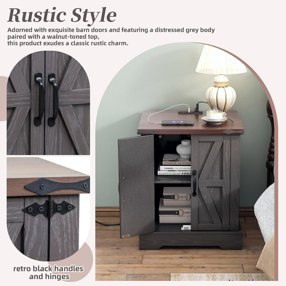 Merax Farmhouse End Table with Charging Station, Rustic Wood Nightstand with ...