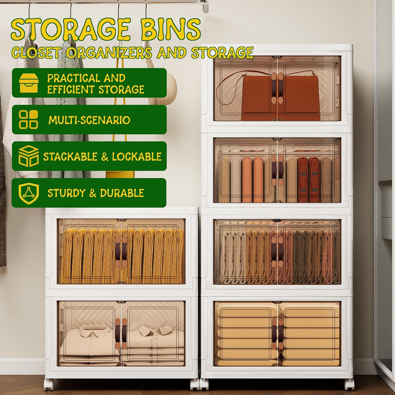 Storage Bins with Lids and Wheels, Collapsible Bathroom Storage Cabinet with Clear Doors, Plastic Stackable Closet Organizers and Storage Containers White 398 QT