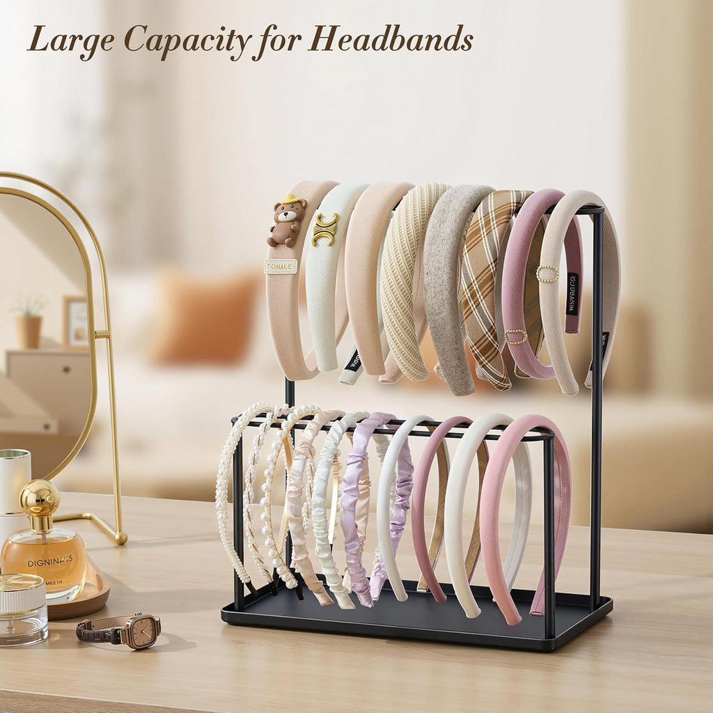 Headband Holder Organizer Metal 2-Tier with Tray: Hair Accessories Display Stand Storage Hairband Rack Necklace Stand Home Bedroom for Girls Women, Black
