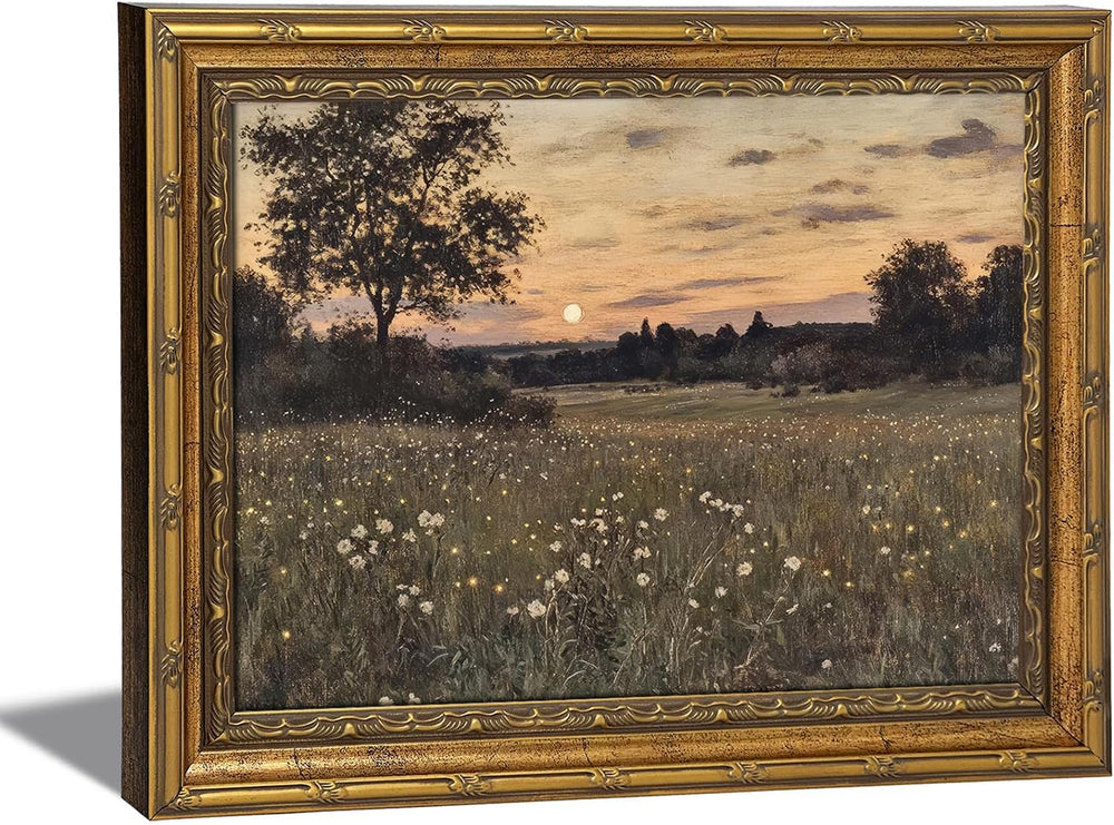 Vintage Gold Framed Rustic Firefly Field Landscape Wall Art 16x24Inch