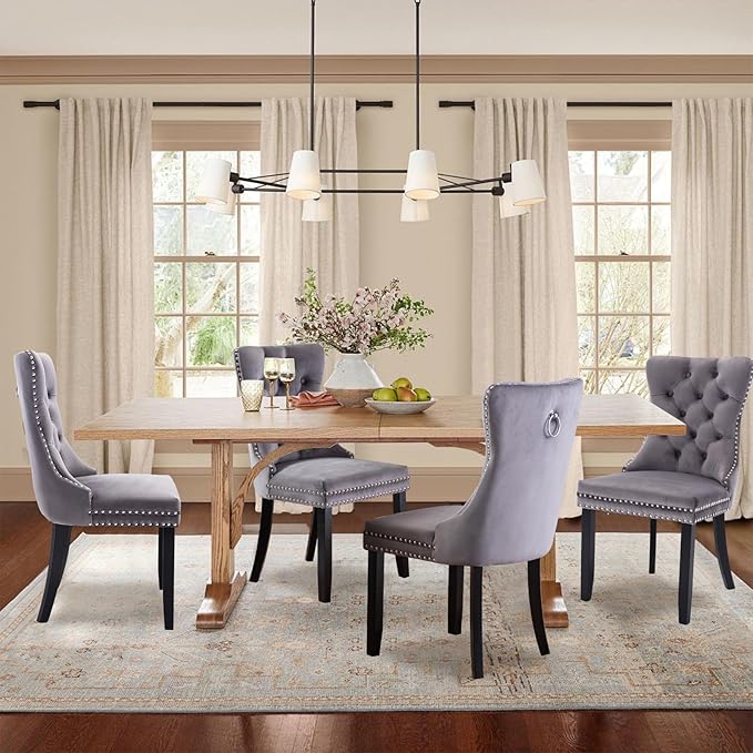 Velvet Upholstered Dining Chairs Set of 4, Modern Style Kitchen Side Chairs with Nailhead Trim and Wood Legs,Metal Pulling Ring for Dining Room Living Room(Grey,Set of 4)