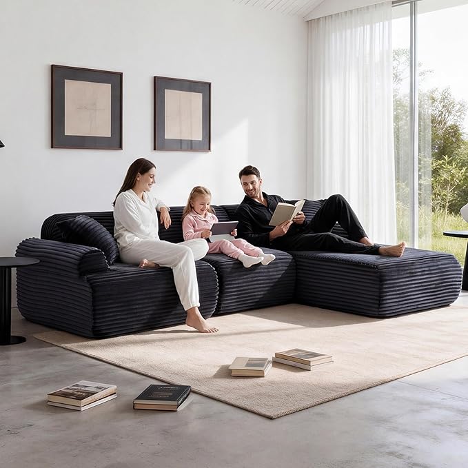 Modular Floor Sofa, Cozy Corduroy Sectional Couch with Fully Washable Covers, Frameless L Shaped Couch for Living Room, Family & Pet Friendly Lounge, No Assembly (Black, Right Facing Chaise)