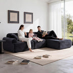 Modular Floor Sofa, Cozy Corduroy Sectional Couch with Fully Washable Covers, Frameless L Shaped Couch for Living Room, Family & Pet Friendly Lounge, No Assembly (Black, Right Facing Chaise)