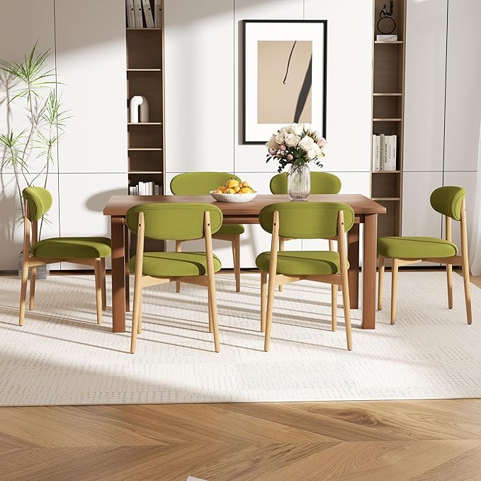 Wooden Dining Chair Set of 6, Modern Dining Chairs with with Curved Back, Fabric Upholstered Kitchen Dining Room Chairs with Adjustable Legs for Farmhouse Dining Living Room,Green