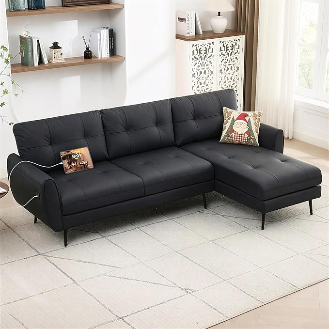 TYBOATLE 3 Seat L Shaped Leather Sectional Couches for Living Room, Faux Leather Couch w/USB & Type-C Charging Port, Small Sectional Sofa w/Deep-Seat Chaise (Black)