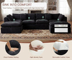 141'' Oversized Cloud Sectional Boneless Couch for Living Room, Modern Big Compressed U Shape Couch with 2 Ottoman 2 Throw Pillows, Comfy Chenille Deep Seat Memory Foam Spineless 6 Seater Sofa,Black | No Assembly Needed, Premium Chenille, Flexible Modu...