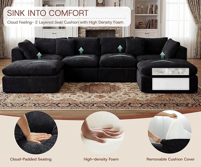 141'' Oversized Cloud Sectional Boneless Couch for Living Room, Modern Big Compressed U Shape Couch with 2 Ottoman 2 Throw Pillows, Comfy Chenille Deep Seat Memory Foam Spineless 6 Seater Sofa,Black | No Assembly Needed, Premium Chenille, Flexible Modu...
