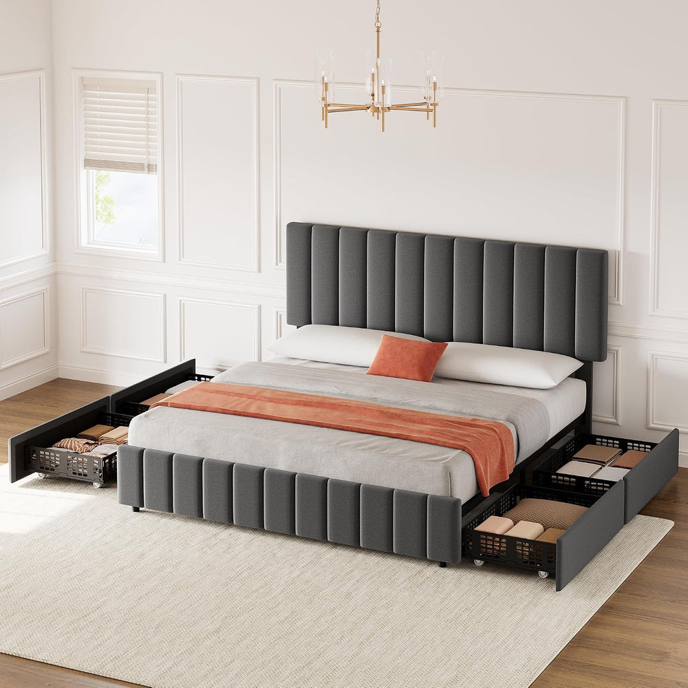 Garvee Queen Size Bed Frame, Linen Bed Frame with 4 Storage Drawers, Grey