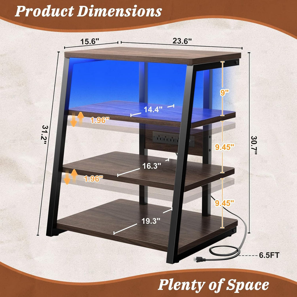 Armocity AV Media Stand, Stereo Stands and Racks Small Entertainment Center | Corner Shelf Stand with Power Strip & LED Lights, Audio Tower HIFI Rack Stereo Shelf CRT TV Stand, 4 Tier, Black Walnut