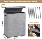 DOKEHOM 150L Double Laundry Basket with Lid and Removable Laundry Bags, Large Collapsible Laundry Hamper with 2 Sections for Bedroom, Bathroom, Laundry Room, Colloge (Grey)