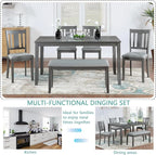 KEIKI 6-Piece Standard Height Dining Table Set with Rectangular Table, 4 Upholstered Slatted Backrset Chair, Bench, for 6 Person, Modern Style Table Set, Easy Assembly, for Kitchen, Dining Room, Gray