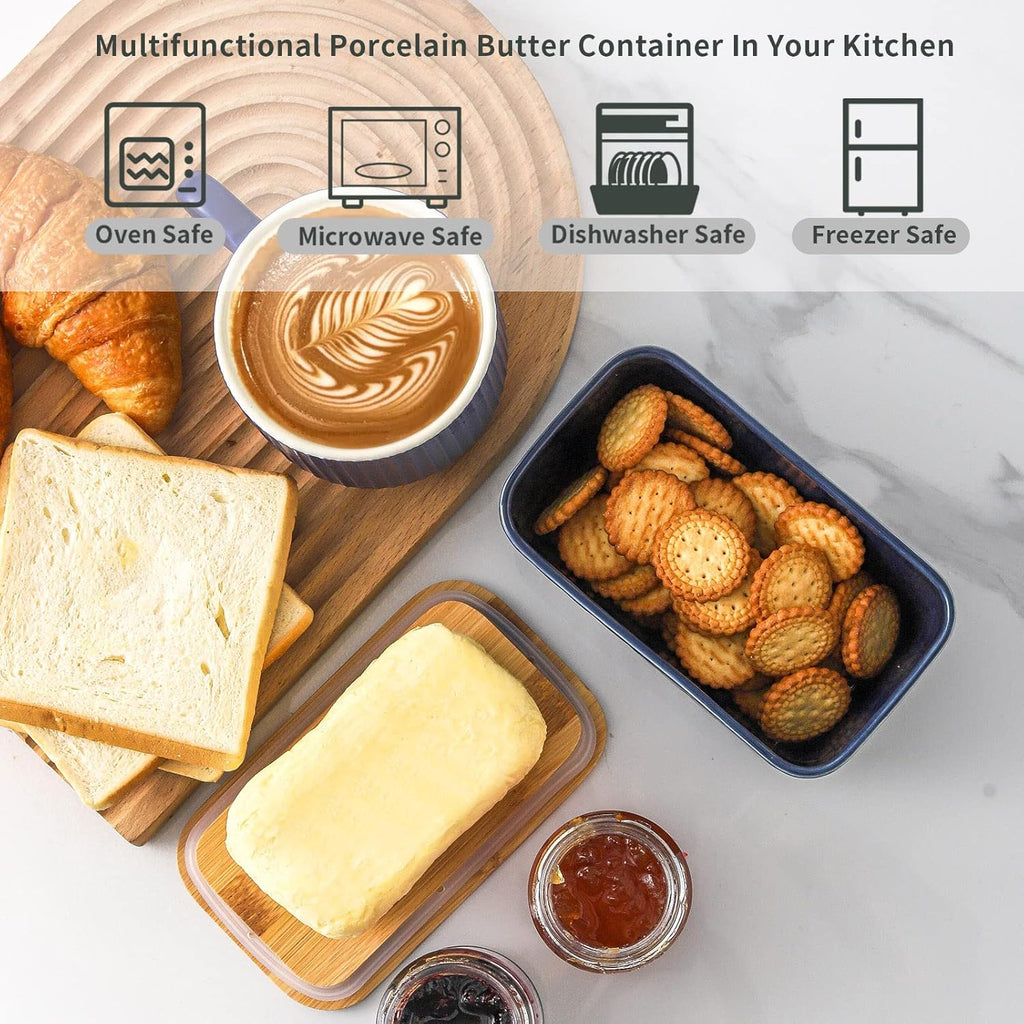 Hasense Ceramic Butter Dish with Lid, Large Butter Container for Countertop Airtight Butter Stick Covered Keeper,Navy Blue Embossed Pattern,Easy Clean Dishwasher Safe