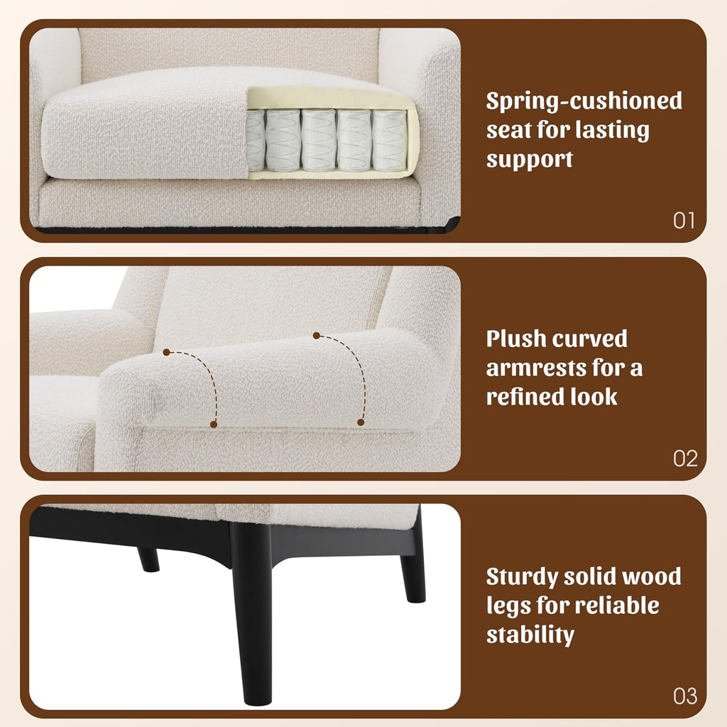 ERYE Mid-Century Modern Accent Chair, Upholstered Boucle Fabric Armchair W/Wood Legs, Comfy Single Reading Lounge Sofa Chair for Living Room Bedroom Apartment Entryway