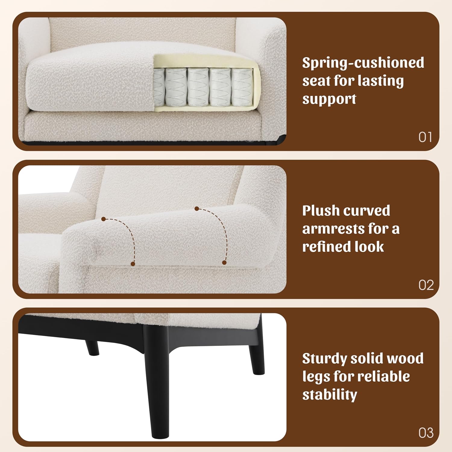 ERYE Mid-Century Modern Accent Chair, Upholstered Boucle Fabric Armchair W/Wood Legs, Comfy Single Reading Lounge Sofa Chair for Living Room Bedroom Apartment Entryway