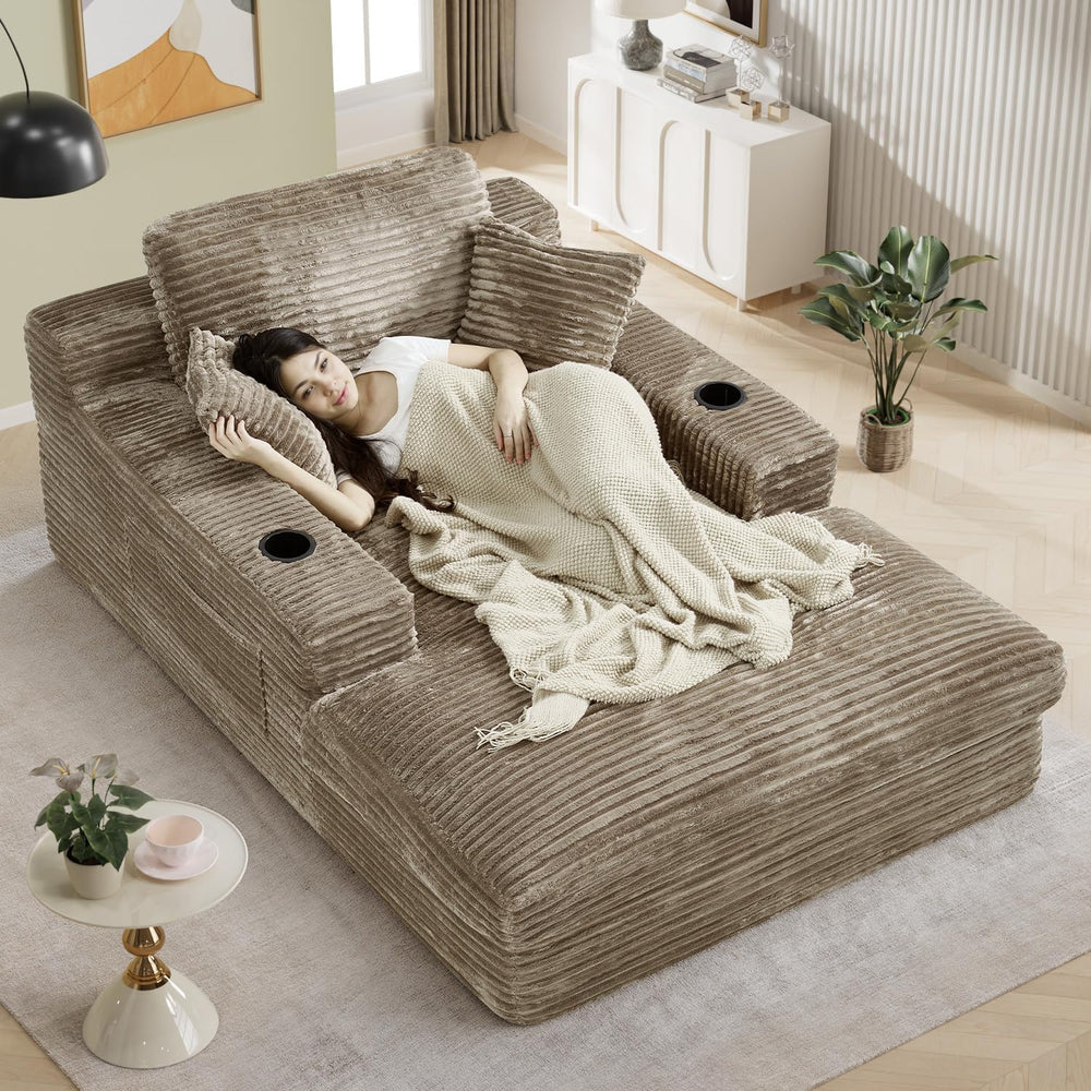49" x 76" Corduroy Chaise Lounge, Cup Holders, Camel | Super-oversi...