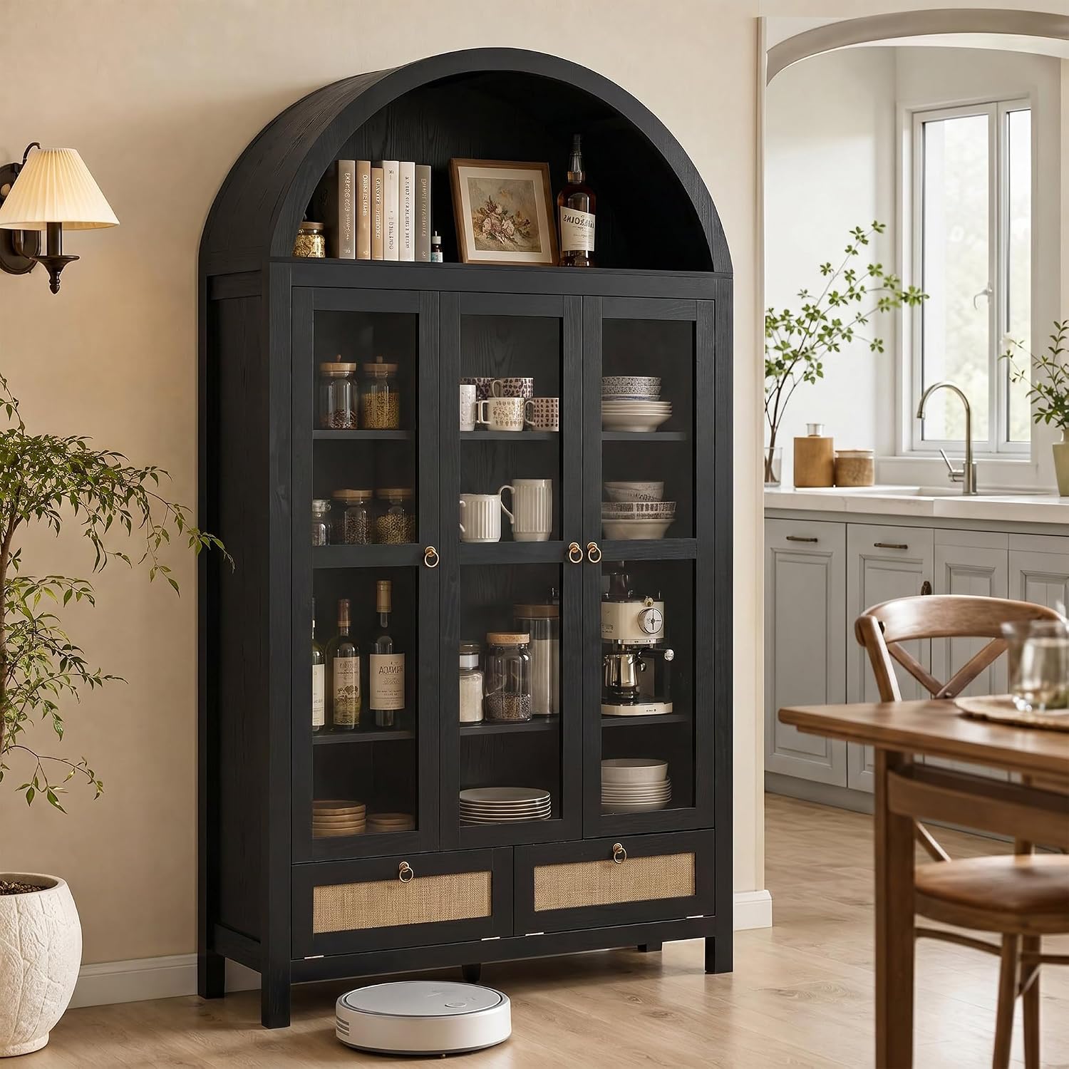 75'' Black Arched Cabinet, Arch Pantry Storage Cabinet with 3 Glass Doors | TYBOATLE, Pantry Cabinet, Farmhouse Style, Rattan Drawers, Anti-Tip Device, Kitchen, Bathroom, Dining Room, Cupboard Storage