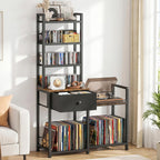ikkle CD Rack with Drawer, 7-Tier DVD Organizer Shelf with Vinyl Storage | Media Storage Rack for CDs/DVDs, Vinyl Records, Books & Games, Ideal for Living Room & Home Office, 32.1x11.8x57.2 in, Brown