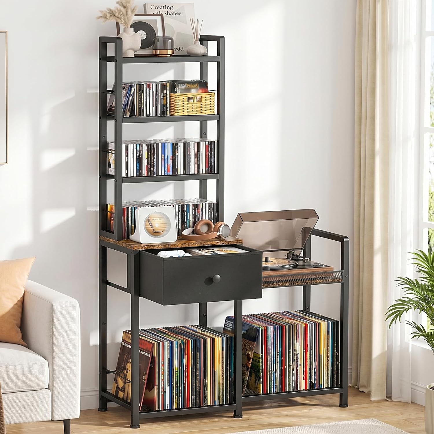 ikkle CD Rack with Drawer, 7-Tier DVD Organizer Shelf with Vinyl Storage | Media Storage Rack for CDs/DVDs, Vinyl Records, Books & Games, Ideal for Living Room & Home Office, 32.1x11.8x57.2 in, Brown
