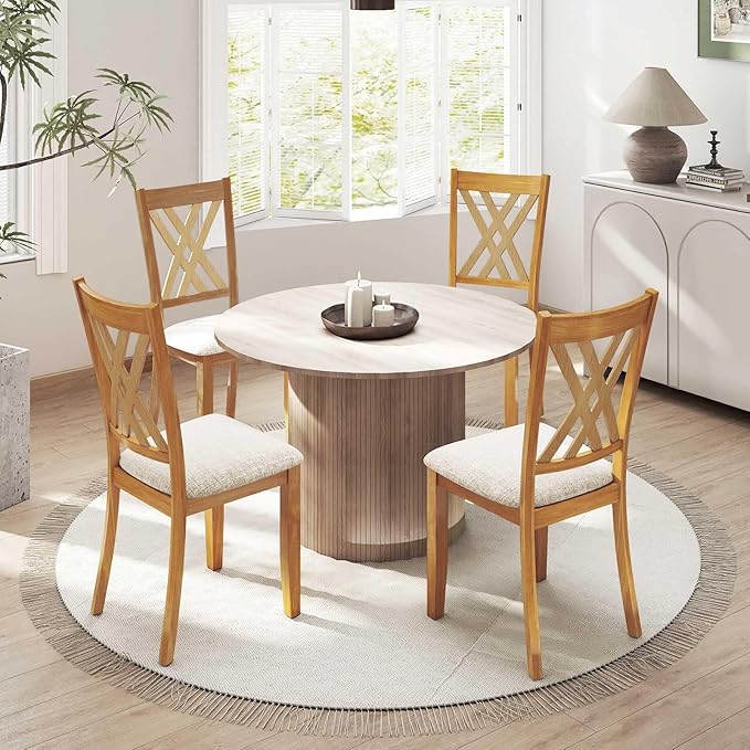 Giantex Wooden Dining Chairs Set of 4, Linen Fabric Upholstered Kitchen Chair w/Rubber Wood Frame, Wide Padded Seat, Curved Cross Back, Farmhouse Side Chairs for Dining Living Room Restaurant
